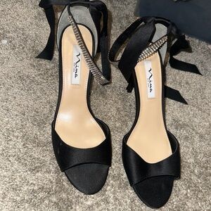 Nina Black Satin Heels with Rhinestone Detail